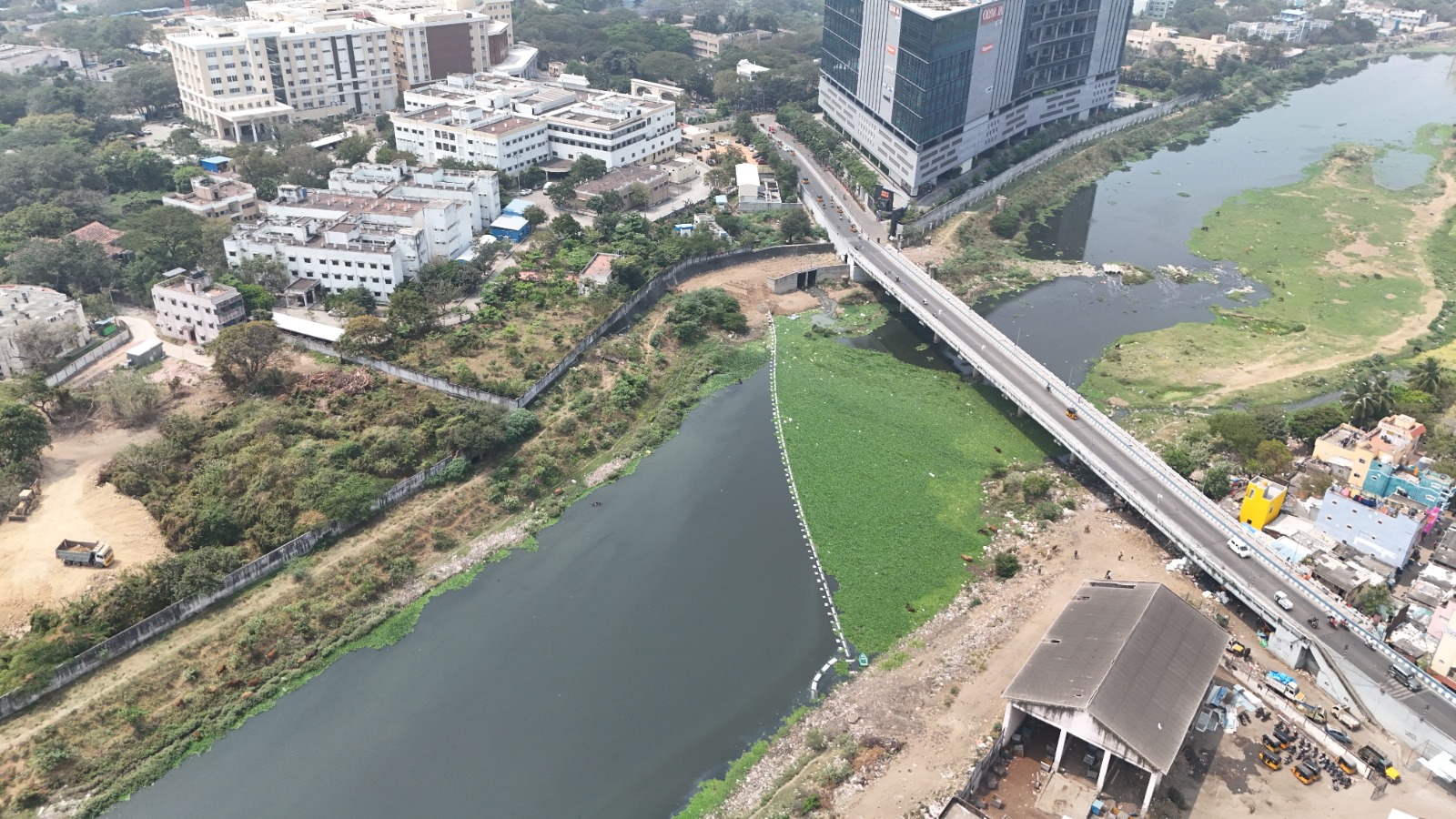 Aerial view of the 132 m AlphaMERS floating trash barrier across the Adyar river in Chennai, with plastics visible among the floating biota
